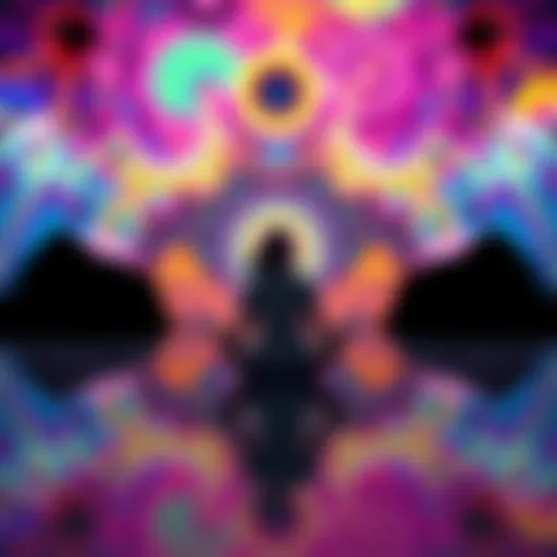 A person sitting cross-legged on a colorful psychedelic background, contemplating connections between ancient civilizations and aliens.
