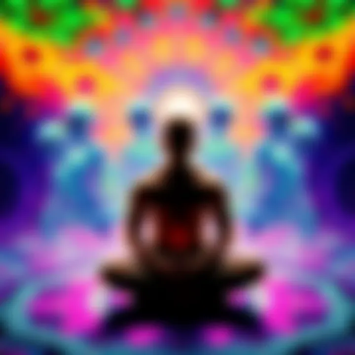 Psychedelics and Alien Encounter A colorful depiction of a person sitting in a meditative pose surrounded by vibrant psychedelic patterns, with ethereal figures resembling aliens in the background.