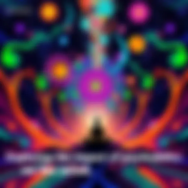 A vibrant scene depicting abstract shapes and colors representing a psychedelic journey, with a silhouette of a person meditating in the center