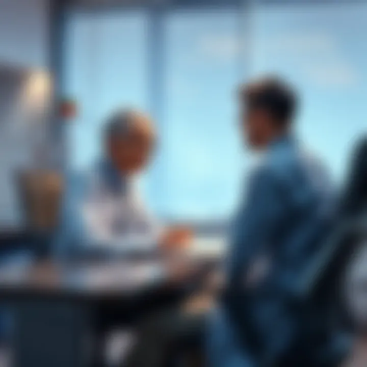 A psychiatrist sits at a desk with a notepad, discussing mental health with a patient who is seated across from them, looking thoughtful.
