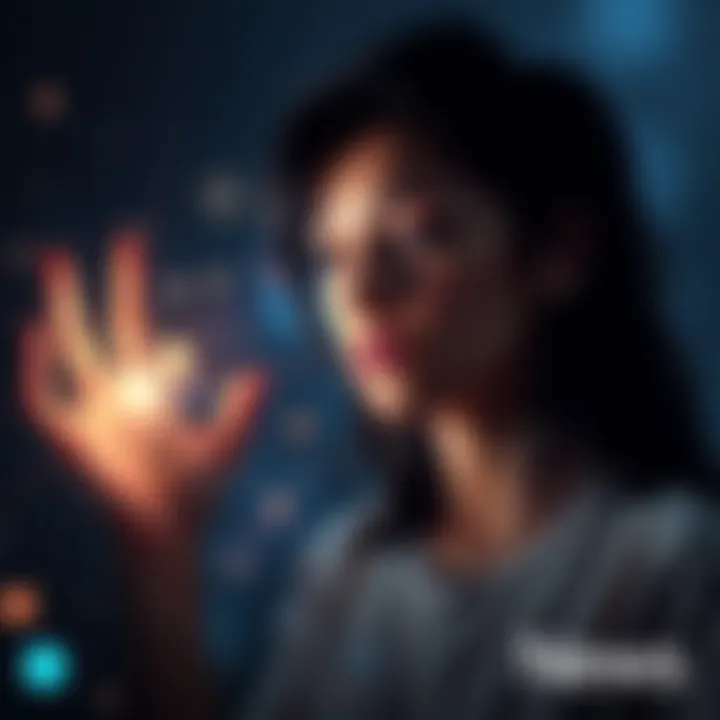 Person practicing psychic abilities Individual focusing to enhance psychic skills, with a thoughtful expression and hands raised in concentration, surrounded by an aura of light.