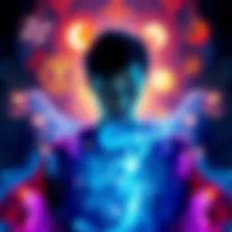 A psychic medium surrounded by different cultural symbols representing spirits from various backgrounds, with a glowing aura around them.