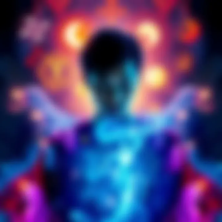 Psychic Medium with Spirits A psychic medium surrounded by different cultural symbols representing spirits from various backgrounds, with a glowing aura around them.