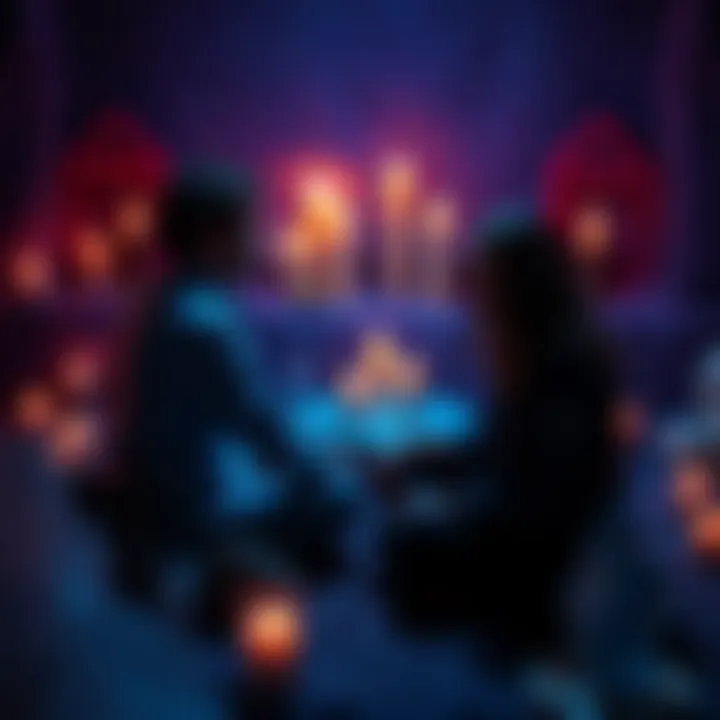 A person sits across from a psychic, discussing spiritual issues and bloodline blockages affecting chakras, with candles and crystals in the background.