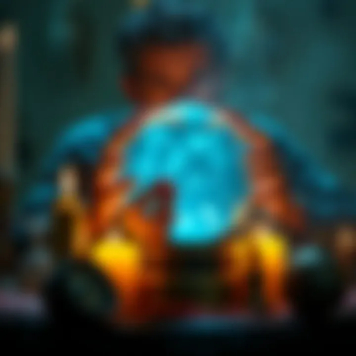 A psychic gazing into a crystal ball, surrounded by candles and mystical symbols, as they offer guidance to people