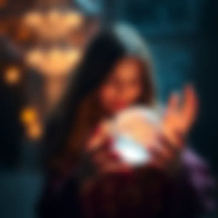 A psychic empath holds a crystal ball while connecting with a person's energy, surrounded by soft, glowing light.