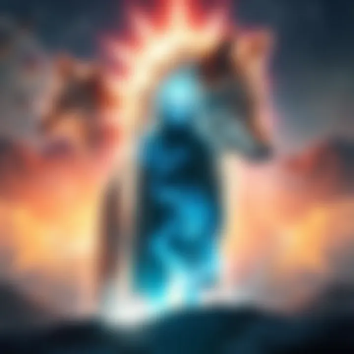 A person stands in a dreamlike setting, surrounded by a glowing psychic figure and a majestic spirit wolf, symbolizing guidance and connection to the spiritual realm.