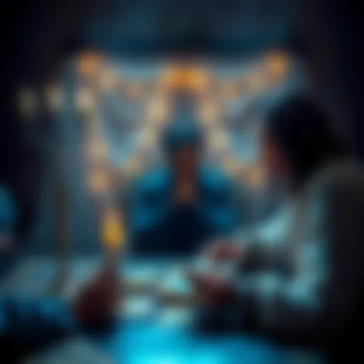 A psychic sitting at a table with tarot cards, offering a free reading to a person looking for guidance.