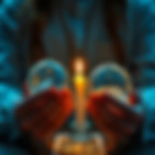 A person holding crystal balls and tarot cards with a lit candle, symbolizing guidance and reflection.