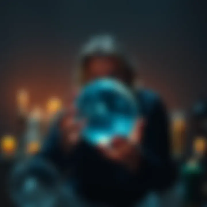 A psychic medium in a dimly lit room, gazing into a crystal ball with a thoughtful expression, surrounded by candles and spiritual items.