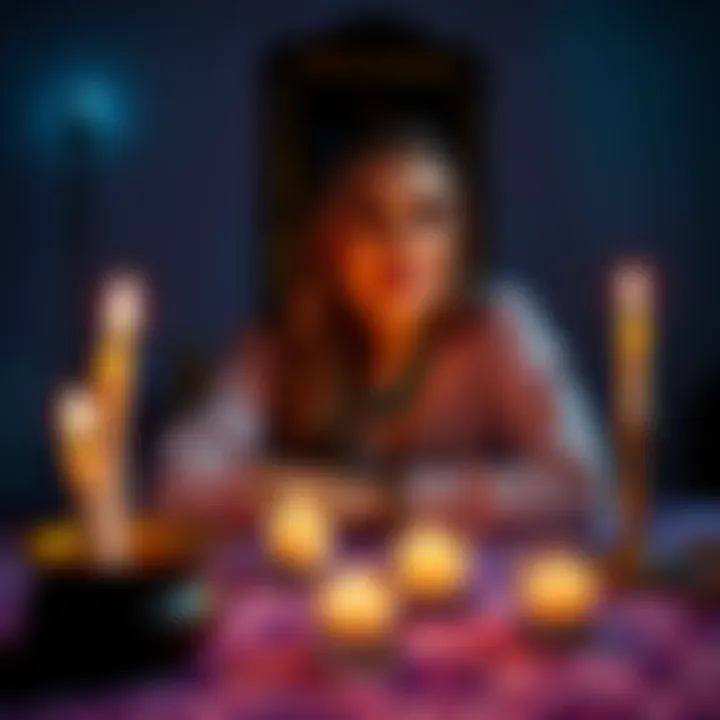 A local psychic medium sitting at a table with candles, inviting people for free readings using names or photos.