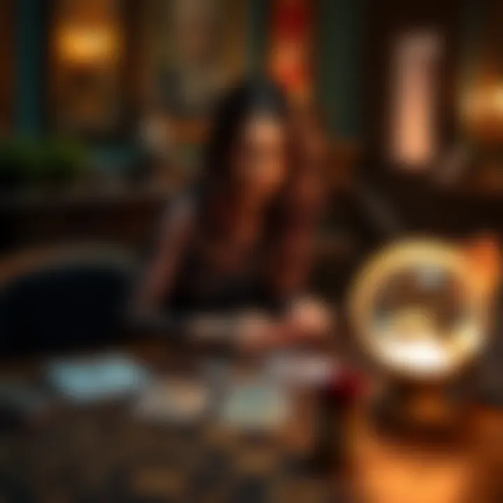 A psychic medium sits at a table with tarot cards and a crystal ball, inviting people to ask questions about their future.