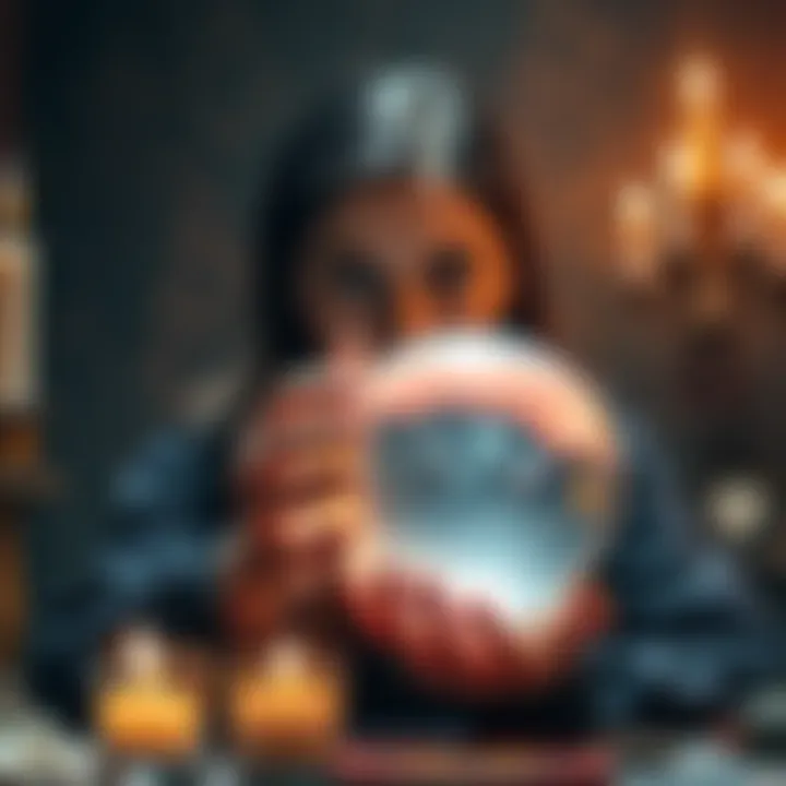 A psychic medium holding a crystal ball with a contemplative expression, surrounded by candles and spiritual symbols, indicating a serious reading atmosphere.