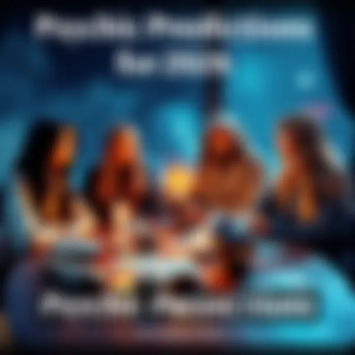 Four psychics and mediums discussing predictions for the upcoming year, gathered around a table with tarot cards and crystals