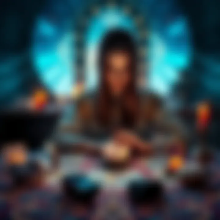 A psychic reader sitting at a table with crystals and tarot cards, looking thoughtful as they connect with spiritual messages.