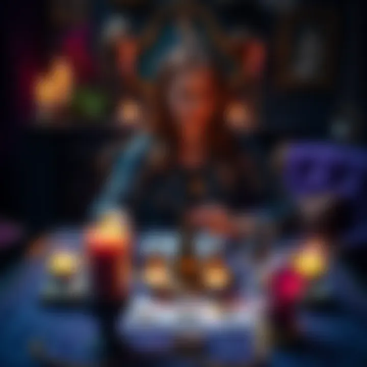 A professional psychic reader sits at a table with tarot cards, inviting clients to connect with the spirit world, surrounded by candles and crystals.