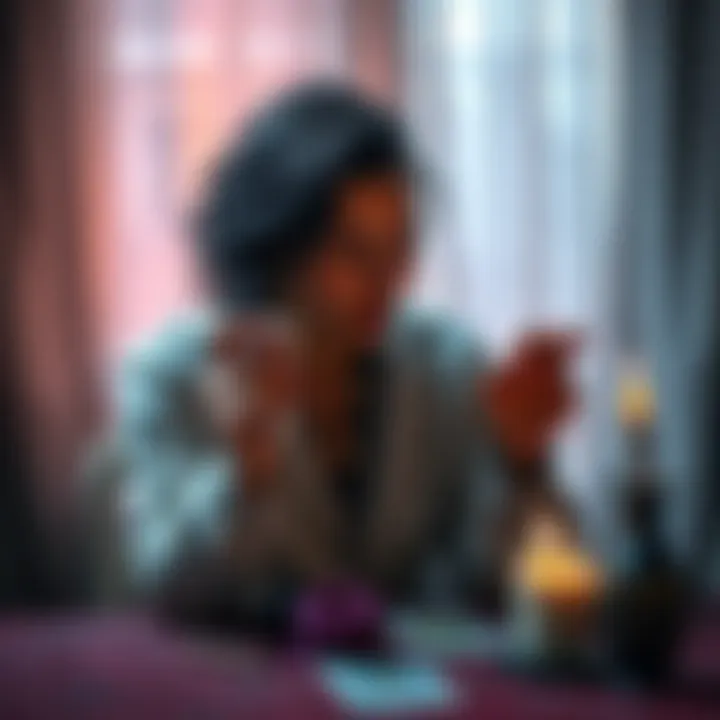A psychic reader sitting at a table, visibly shaking while holding tarot cards, with a candle lit in the background