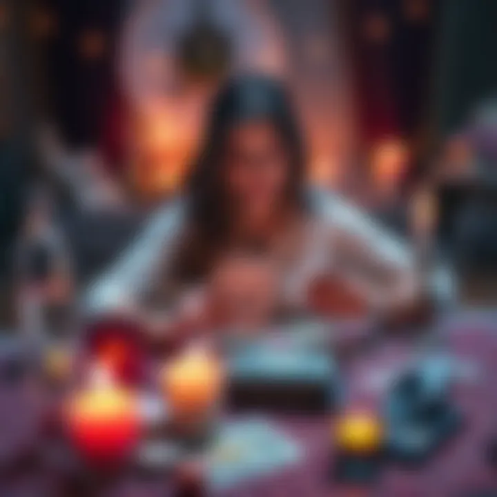 A psychic reader holds tarot cards at a table, with candles and crystals surrounding them, creating a calming atmosphere.