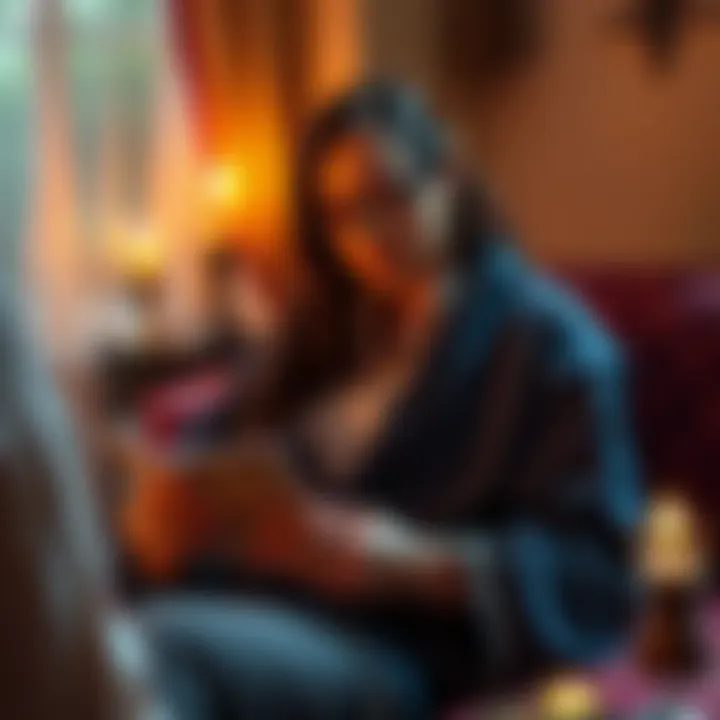 A skilled psychic reads tarot cards, providing a spiritual reading to a client in a serene setting.