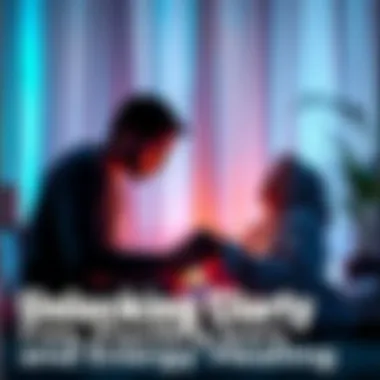 A person receiving a psychic reading while another conducts an energy healing session with a calming atmosphere.