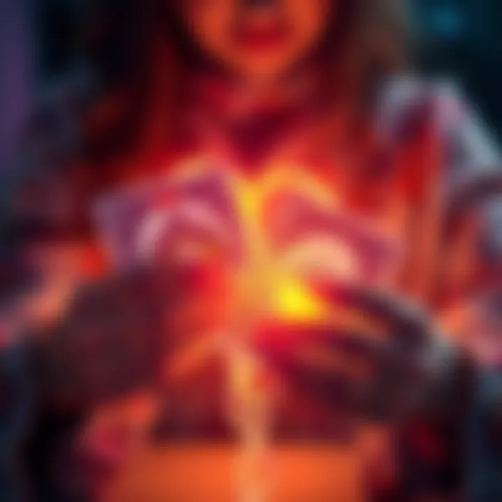 A psychic holding tarot cards with a glowing heart in the background, symbolizing love insights and relationships