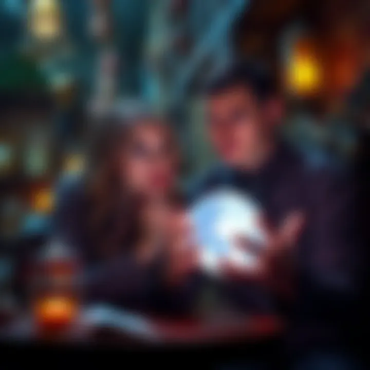 A psychic holding a crystal ball while discussing personal details with a concerned individual, surrounded by mystical decorations.