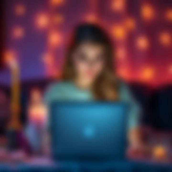A young woman sitting at a laptop with candles and crystals, looking for an online psychic reading