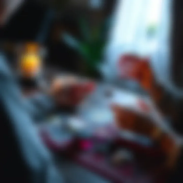 A person receiving an intuitive psychic reading with tarot cards and crystals on a table.