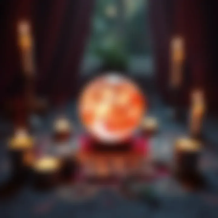 A crystal ball surrounded by tarot cards and candles, signifying a psychic reading, with a warm and inviting atmosphere.