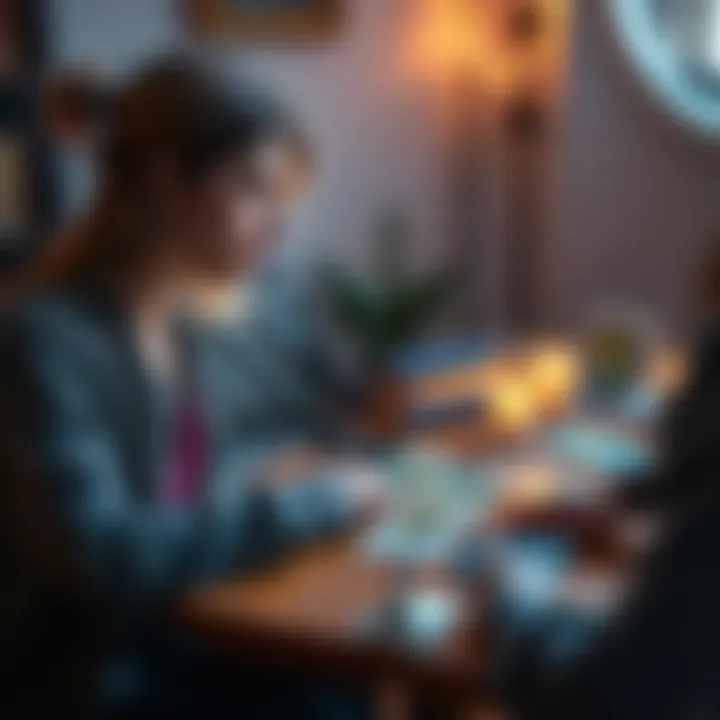 A woman sits at a table with tarot cards spread out, looking thoughtfully as a psychic offers guidance.