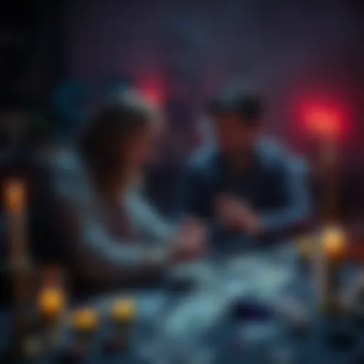 A psychic consults a person with tarot cards on a table, surrounded by crystals and candles.