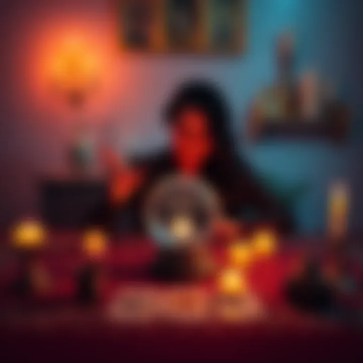 Person receiving a psychic reading A person sitting at a table with a crystal ball, discussing their future with a psychic, surrounded by candles and tarot cards