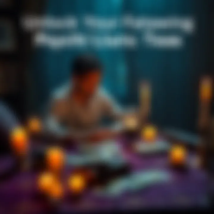 A person receiving a psychic reading, sitting at a table with tarot cards, candles, and a crystal ball.