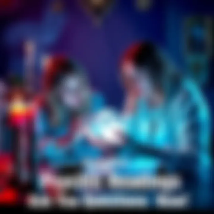 A psychic reader with crystal ball and tarot cards, engaging with a person asking questions, surrounded by mystical symbols and candles.