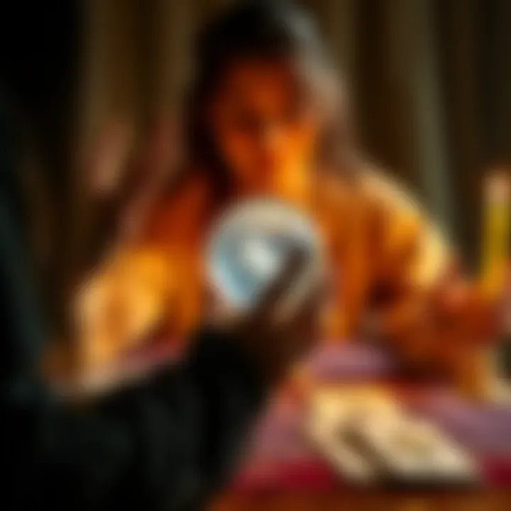 A person holding a crystal ball while sitting at a table with candles and tarot cards, offering free psychic readings to individuals.
