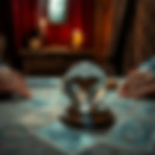 A psychic reading session with a tarot deck and crystal ball on a table, showing a serene atmosphere