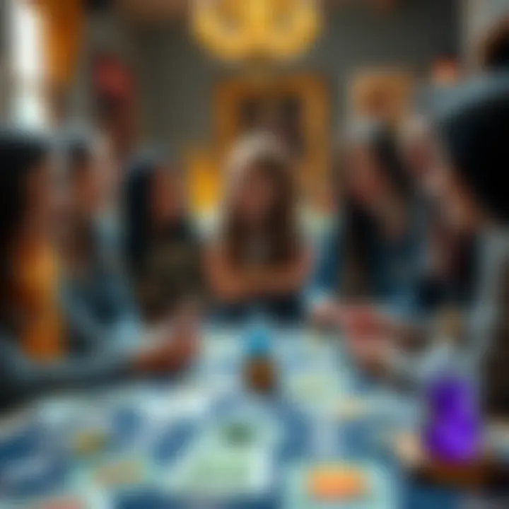 A group of people discussing their experiences with psychic readings, smiling and engaged in conversation. A table with tarot cards and crystals is in the background.