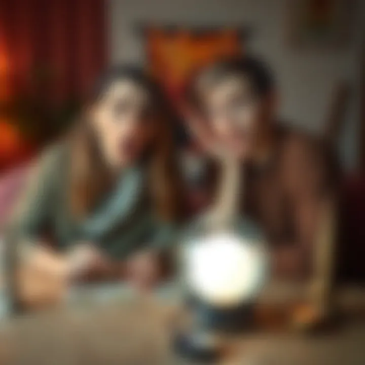 Two friends having a psychic reading One friend looks amazed after a psychic reading while the other appears puzzled and confused, sitting at a table with tarot cards and a crystal ball.