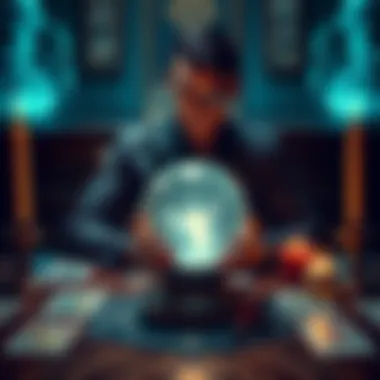 Psychic Sterling sitting at a table with a crystal ball, surrounded by tarot cards and candles, looking thoughtful