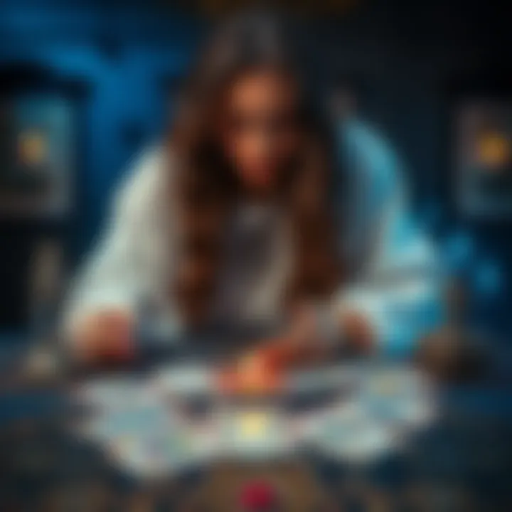 A psychic tarot reader offering guidance with cards spread on a table, focused on love and personal clarity.
