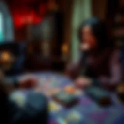 A psychic tarot reader demonstrating a personal reading with cards spread on a table, focused on relationships, with a thoughtful expression.