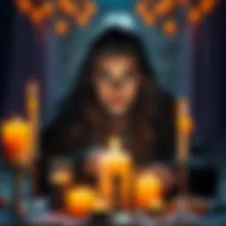 A psychic witch surrounded by candles and crystals, casting spells and feeling new energies, with a thoughtful expression on her face.