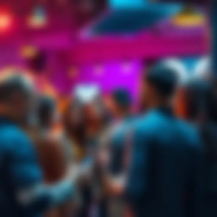 A group of people engaging in conversation, sharing their thoughts on current trends in a lively setting.