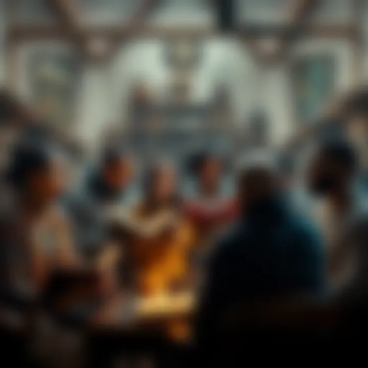 A diverse group of people discussing their thoughts on The Alchemist in a cozy setting with books around them.