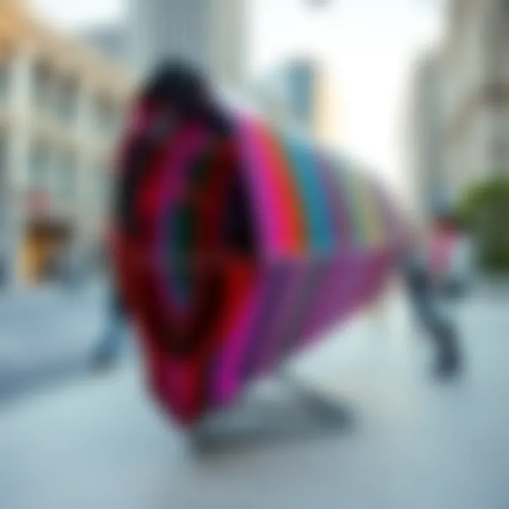 A colorful installation that appears distorted, creating an impression of a glitch in reality, set against an urban backdrop.