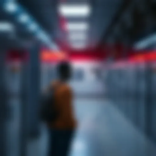 A person appears nervous while standing near a public restroom, contemplating their surroundings. The scene captures the tension of an unusual situation.