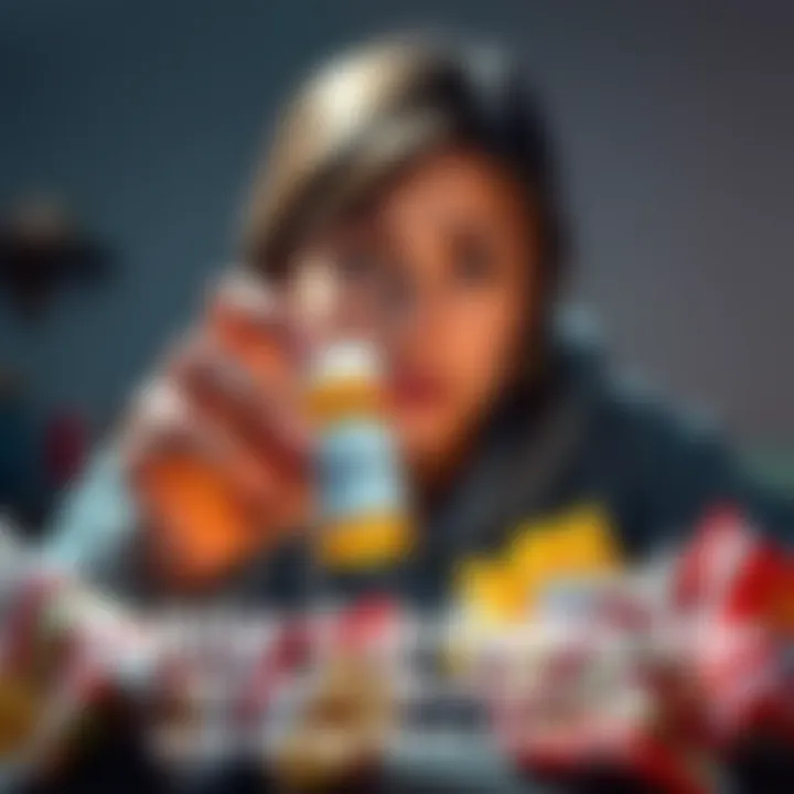 A person looking worried while holding a pill bottle labeled GLP-1, surrounded by fast food wrappers.