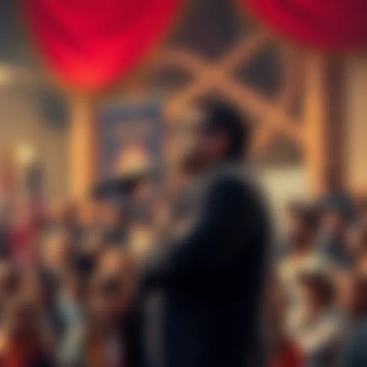 A public figure stands in front of a microphone, addressing a crowd with a serious expression, showing sincerity and commitment to change