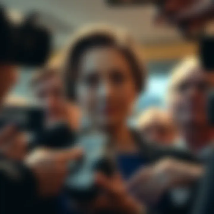 A public figure with a somber expression, surrounded by media, reflecting on loss.