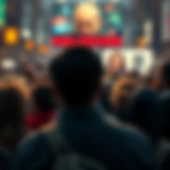A crowd of people looking at a news report about perpetrators, expressing curiosity and intrigue, contrasted with a blurred image of a victim in the background.